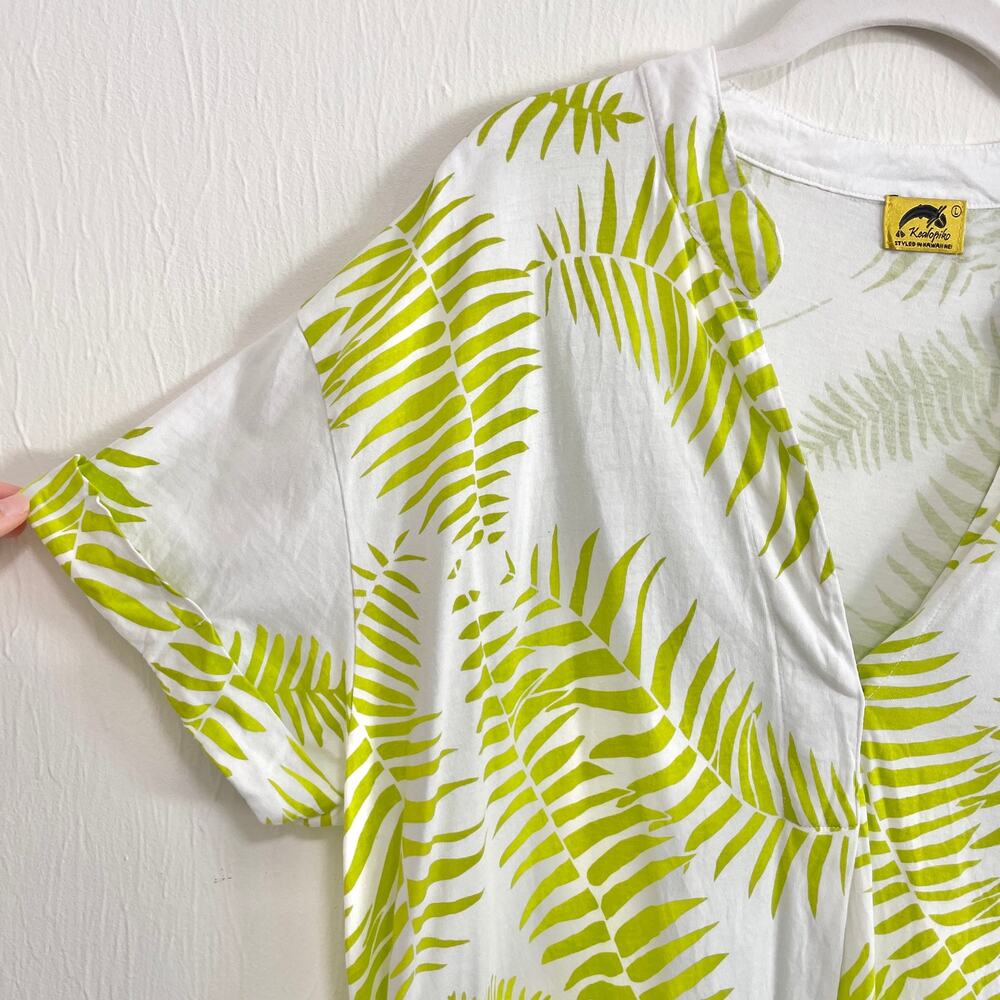 Kealopiko Womens Shirt Dress L White Green Fern Print Hawaiian Organic Cotton - Picture 9 of 13